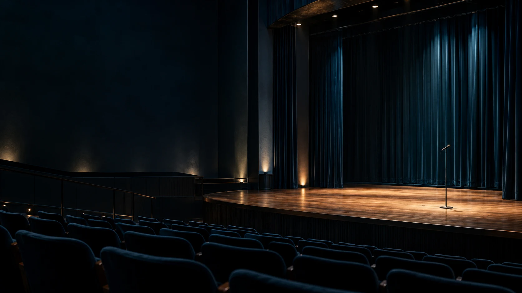 Petrolblaue Theaterbühne mit einem Mikrofon im warmen Scheinwerferlicht